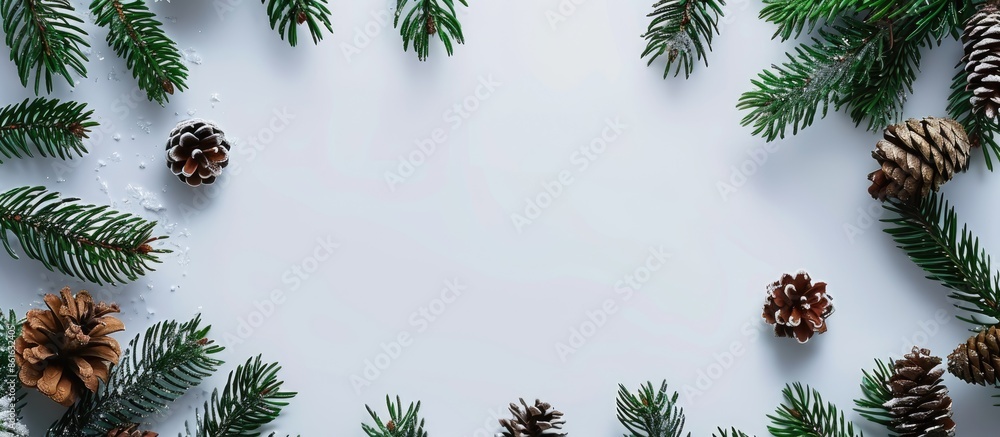 Poster top view winter-themed arrangement with pine branches, pine cones on white backdrop, ideal for merry