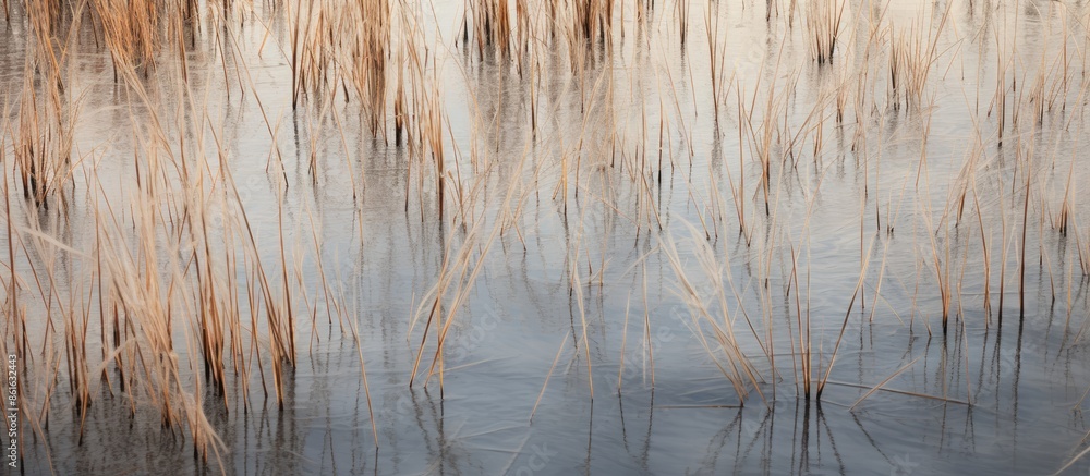 Aufkleber texture of dry reeds and ice on a lake, captured in a close-up copy space image.