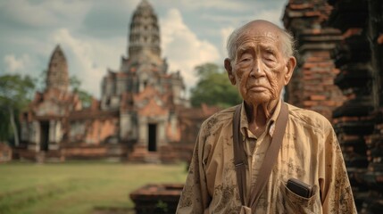 Elderly Man in Traditional Attire at Ayutthaya Temple Ruins

