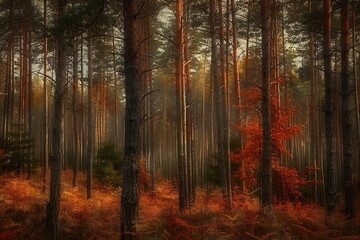 Pine trees on a moody fall landscape with red and orande colors. generative ai.