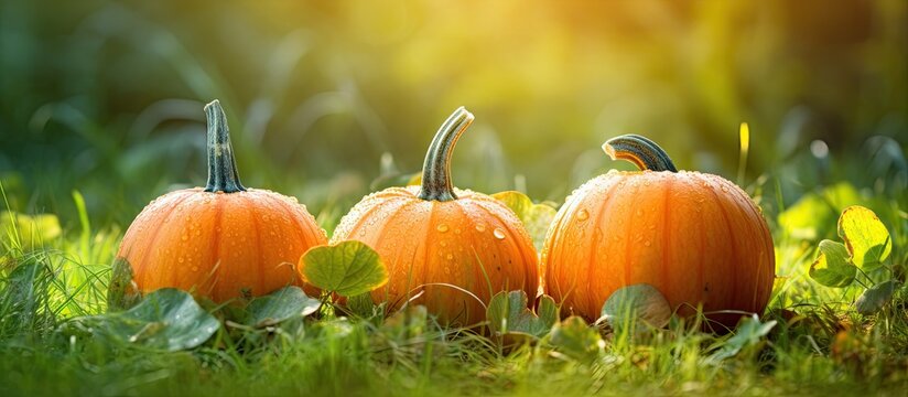 Three Halloween pumpkins, ripe and adorned with morning dew, rest on vibrant green grass with autumn leaves in the backdrop under the bright sunshine, providing a perfect copy space image.