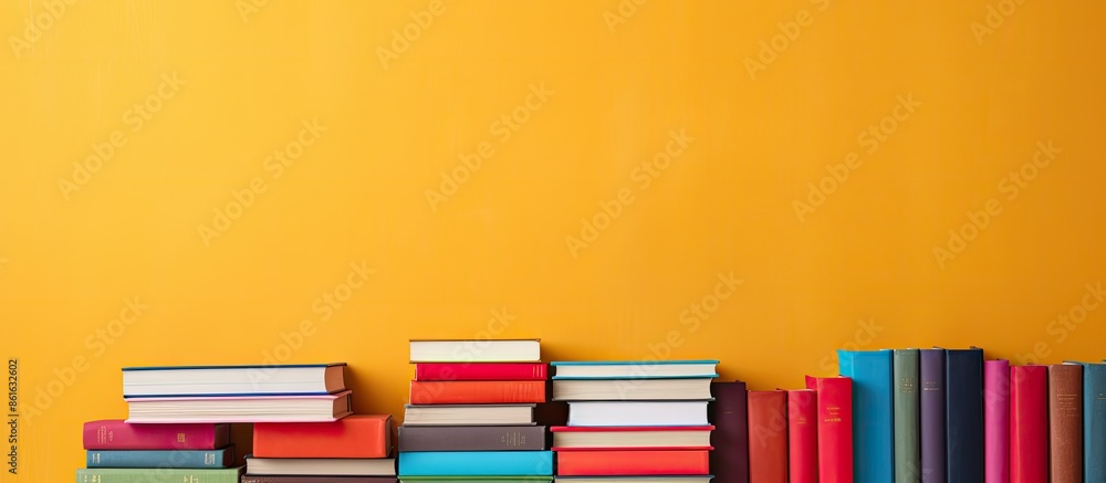 Aufkleber Colorful background with bright hardback books and an open book, ideal for back to school themes. Ample copy space image is available for text.