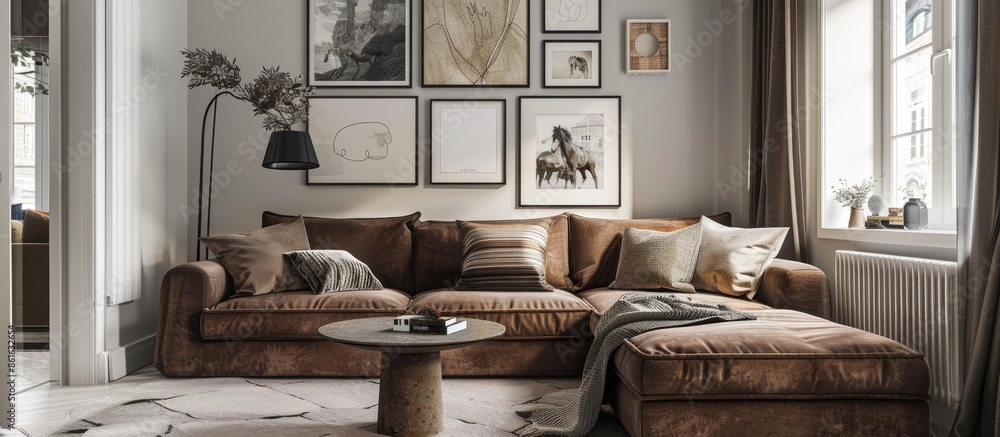 Poster a chic living room with a brown corner sofa features a stylish collection of posters on the walls, c