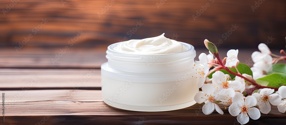 Aufkleber attractive cosmetic cream placed on a bright wooden table with white flowers, creating a visually ap