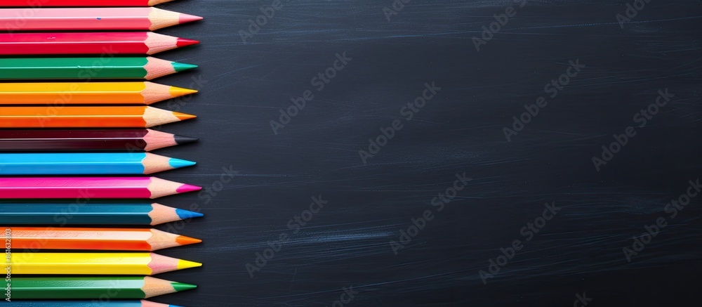 Poster chalkboard with colored pencils for drawing against a dark backdrop. copy space image.
