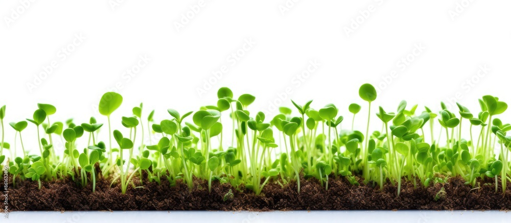 Poster close-up of micro-green sprouts on a white backdrop with ample copy space image, promoting a healthy
