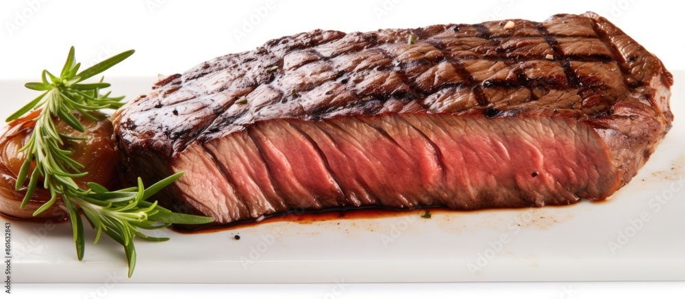 Poster a menu item featuring a medium rare new york strip steak with a white background and copy space imag