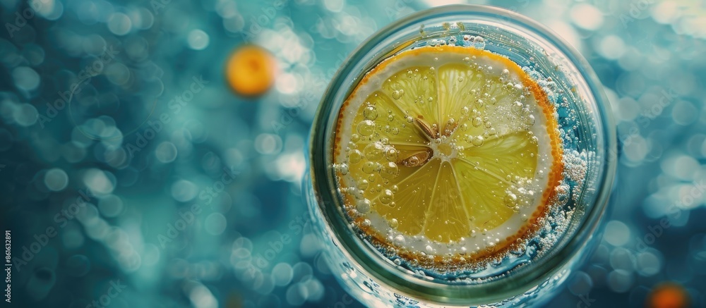 Poster Overhead selective focus shot of a glass drinking jar filled with fizzy water featuring a lemon and lime flavor, with copy space image.