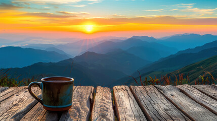 Stunning mountain sunrise with a cup of coffee on a wooden deck, capturing the serene beauty of nature and a peaceful morning routine.