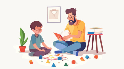 Parent or Teacher and Boy Characters Sitting on Floor