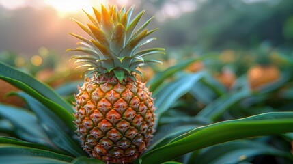 Fototapeta premium Ripe pineapple growing in a lush green field with sunlight shining through, showcasing tropical agricultural produce.