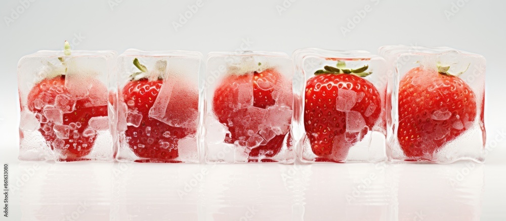 Aufkleber strawberry in ice cubes reflected on a white background with copy space image.
