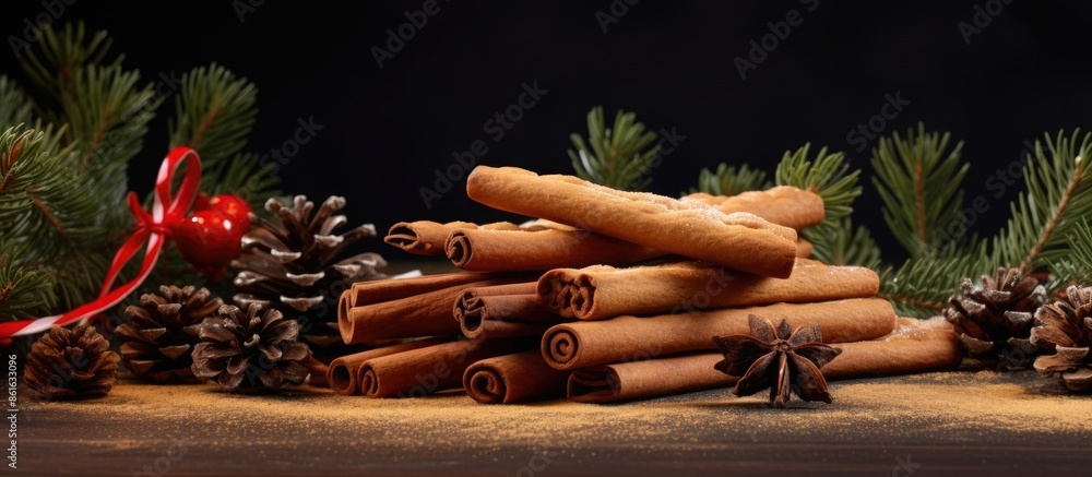 Fototapete A festive arrangement of cinnamon sticks, cookies, and a Christmas tree branch on the table with a background suitable for adding a copy space image.