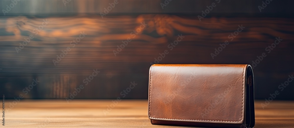 Poster Selective focus on a wooden table background with a black wallet and business card, offering a distinctive copy space image.