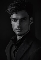 Obraz premium A black and white portrait of a young man with dark hair and light eyes, wearing a suit jacket.