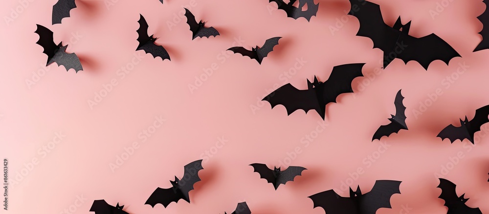 Poster Halloween-themed paper decorations displayed on a soft pink background with a flat lay arrangement, showcasing a Halloween concept with a top-down perspective and space for text or images