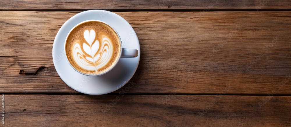 Poster top view image of a hot latte with latte art in a white cup on a wooden table, featuring copy space 