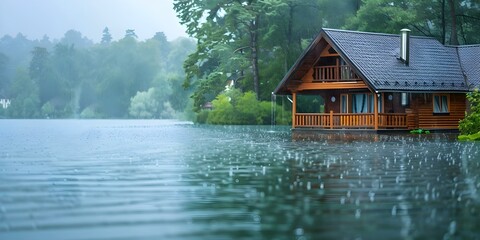 Obraz premium Protective Gutters Ensure Tranquility at Lake House. Concept Home Maintenance, Lake House, Protective Gutters, Tranquility, Water Management