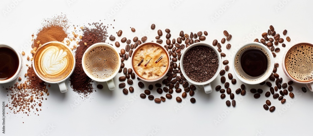 Poster various coffee types and ingredients displayed on a white background with available copy space image