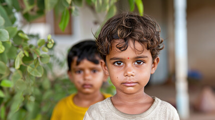 little indian siblings with sad face expressions
