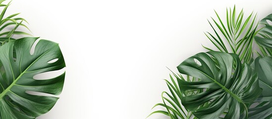 Obraz premium Top view of isolated tropical jungle Monstera leaves with a white background, highlighting the swiss cheese plant. The image includes a green leaf and copy space.