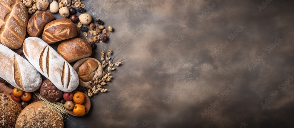 Leinwandbilder Top view of a selection of rustic bread and rolls on a stone surface, with a blank area for adding your text in the image. with copy space image. Place for adding text or design