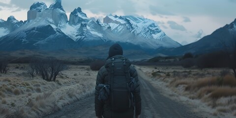 Obraz premium A man with a black backpack on the road. Concept of a male traveler walking through a scenic mountain landscape with a backpack