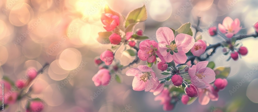 Aufkleber flowering apple tree branches in spring with pink flowers, perfect for a copy space image.