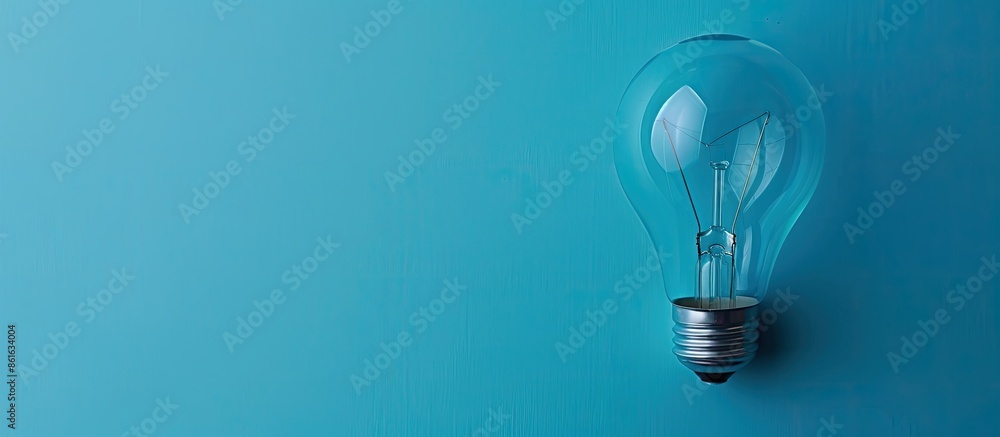 Poster blue paper background with a single light bulb, copy space image.