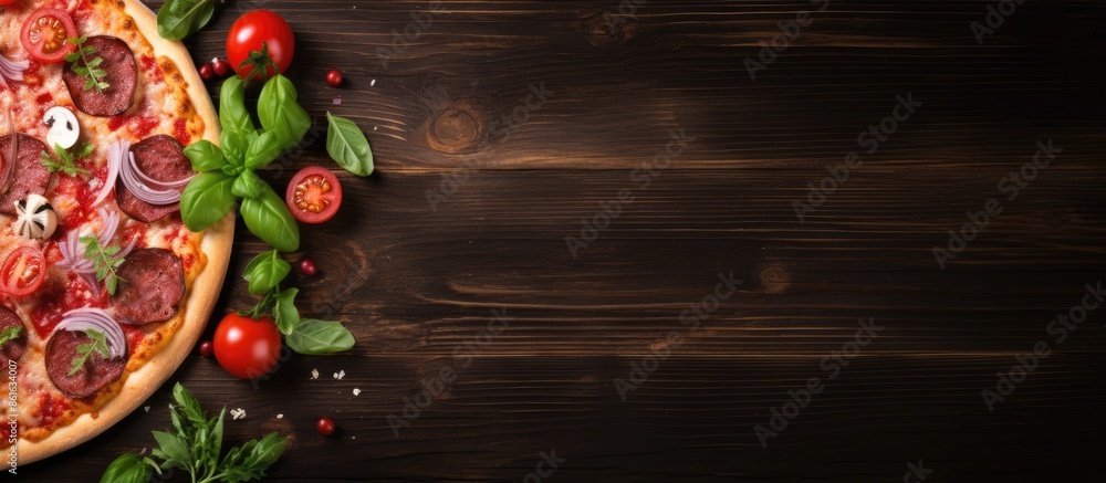 Poster fresh pizza displayed on a rustic wooden table with copy space image.