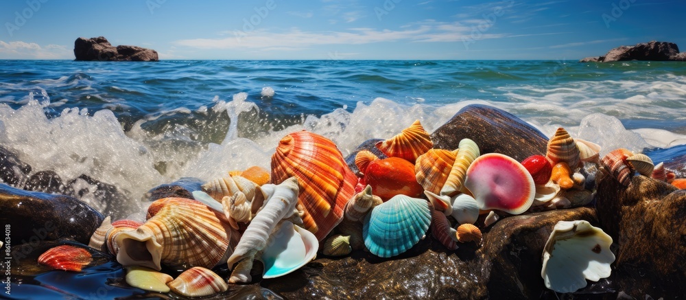 Poster Vibrantly colored seashells displayed on big coastal rocks with splashing waves, ideal for a copy space image.