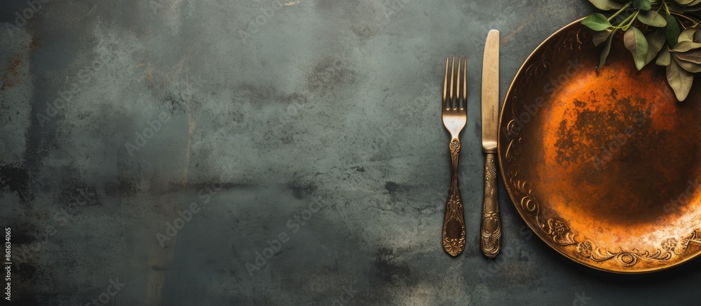 Poster vintage oval plate set with bronze cutlery for meat and cheese on a concrete background accompanied 