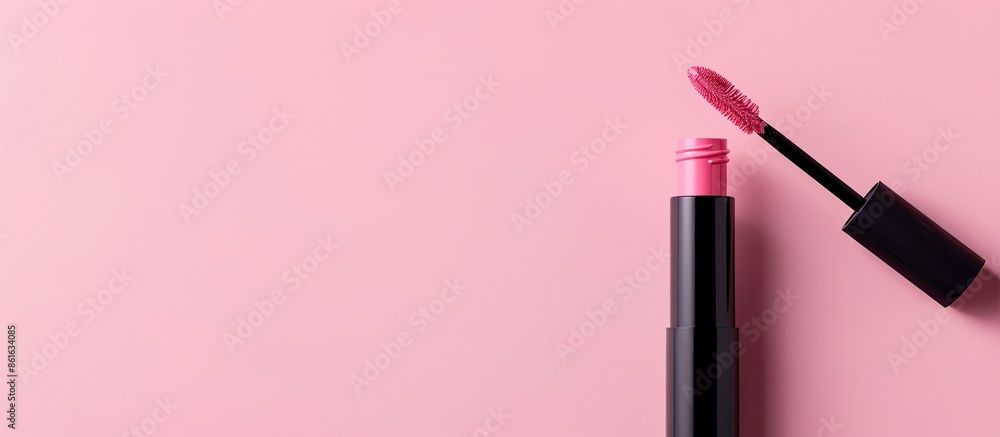 Aufkleber Close-up of a makeup lip brush positioned above a liquid lipstick bottle on a pink background with space for text or images. with copy space image. Place for adding text or design