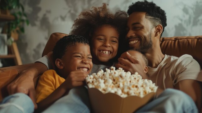 LGBTQ family watching a movie together on the couch, sharing popcorn and laughter, creating cherished family memories