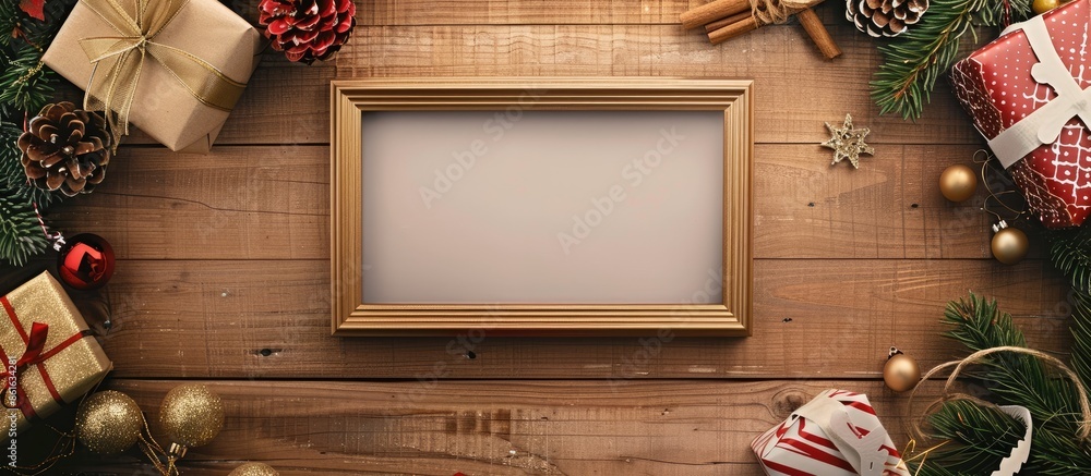 Fototapete holiday-themed mockup featuring an empty wooden frame, perfect for christmas. includes festive decor