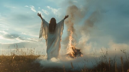 Spiritual Woman in White Robes Amid Smoky Ritual