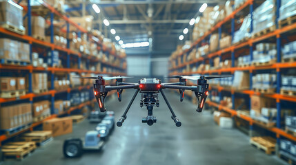 Obraz premium Photorealistic image of a drone actively engaged in handling operations within a modern warehouse. The high-tech drone, equipped with advanced cameras and sensors, is captured iwhile the background.