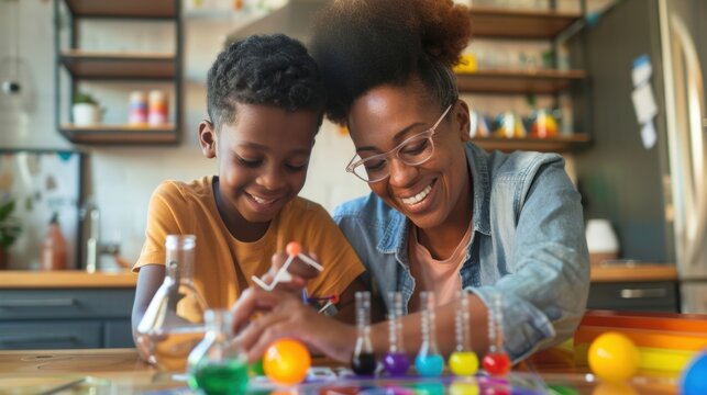 LGBTQ parent helping their child with a science project, offering guidance and encouragement at the dining table