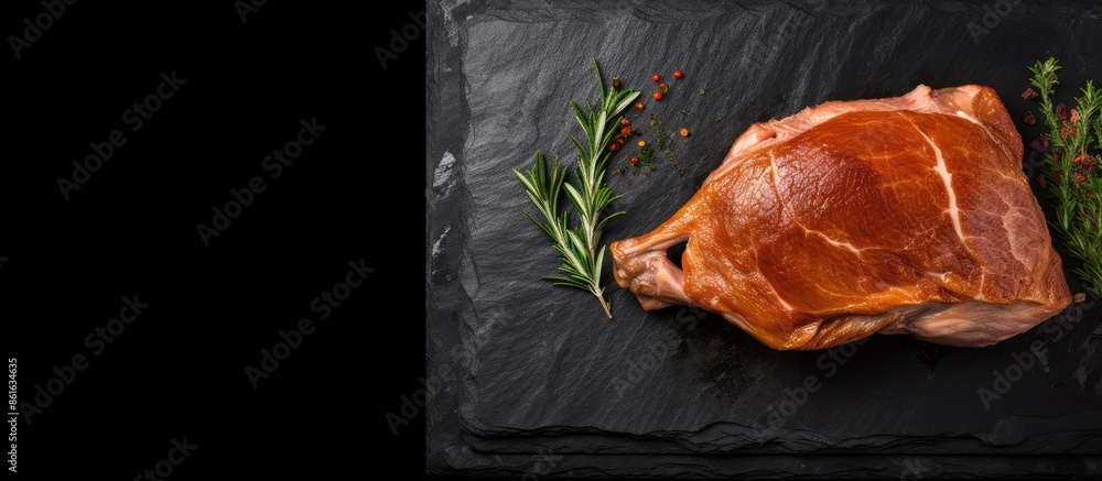 Poster Aerial view of a raw duck placed on a slate board against a black background, framed neatly with ample copy space image.