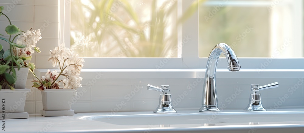 Poster A clean washbasin with a shiny chrome faucet against a bathroom window backdrop with space for adding images. with copy space image. Place for adding text or design