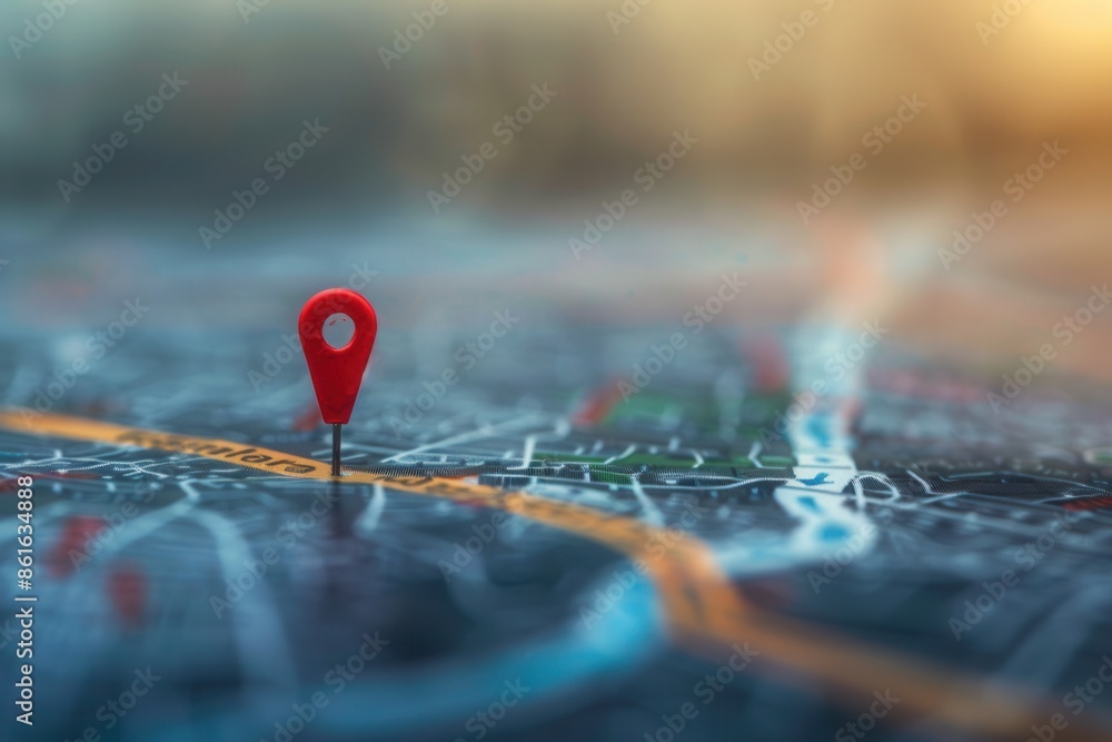 Poster a close-up image of a red location pin placed on a detailed city map. the pin highlights a specific 