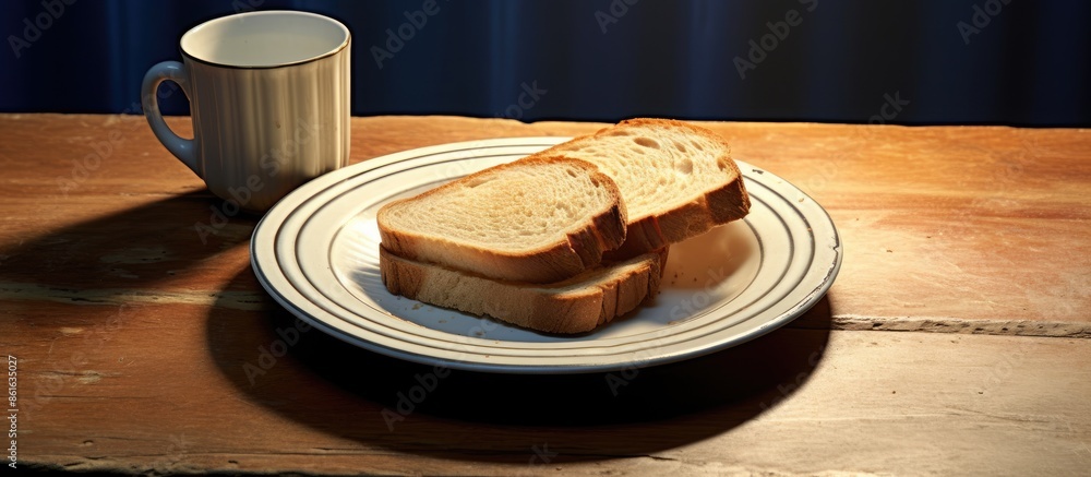 Poster a plate with toasted bread displayed on a table, with copy space image available.