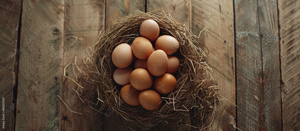 Fototapete A stack of brown eggs in a nest with an Easter theme, set up for a flat lay photograph with room for additional elements in the frame.