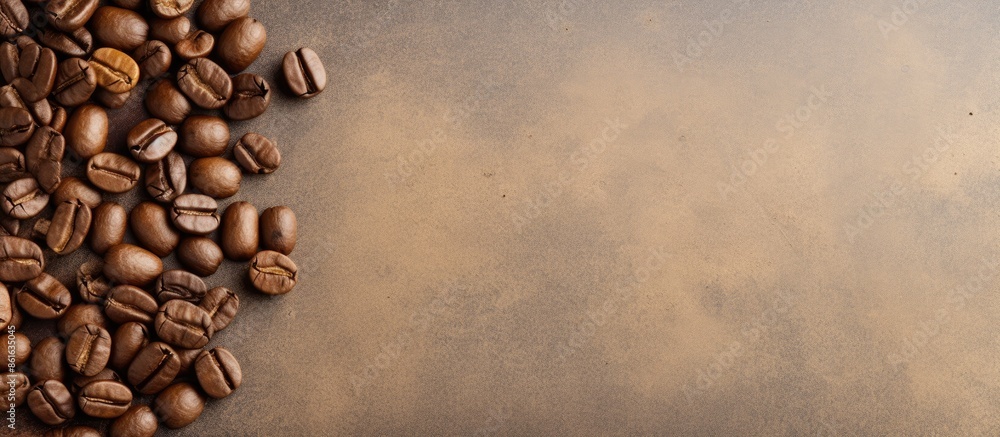 Poster a top view of beige coffee grains on a textured background with copy space. macro shot of roasted br