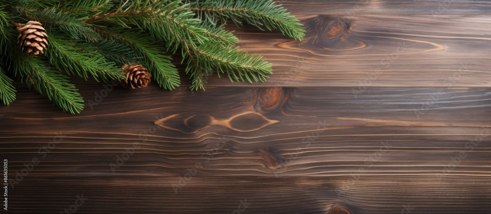 Poster a christmas fir tree displayed on a wooden board with copy space image.