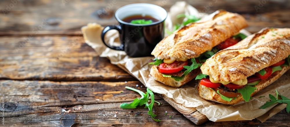 Aufkleber Sandwiches and a coffee cup displayed on a rustic wooden table with a clear space for an image alongside. with copy space image. Place for adding text or design