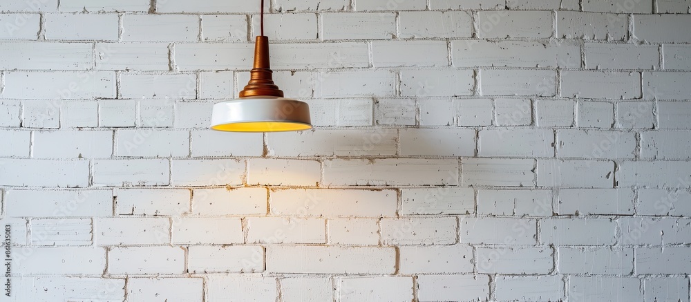 Poster a brown-colored lamp hangs on a white brick wall. with copy space image. place for adding text or de