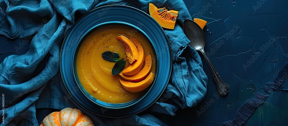 Poster flat lay of pumpkin cream soup in a blue plate on a deep classic blue background with pumpkin slices