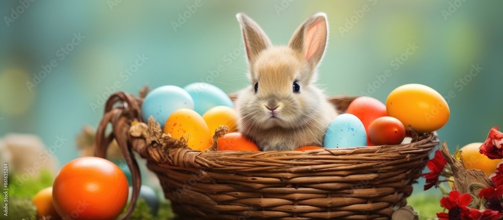 Aufkleber copy space image with a cute brown and white baby rabbit sitting in a basket surrounded by colorful 