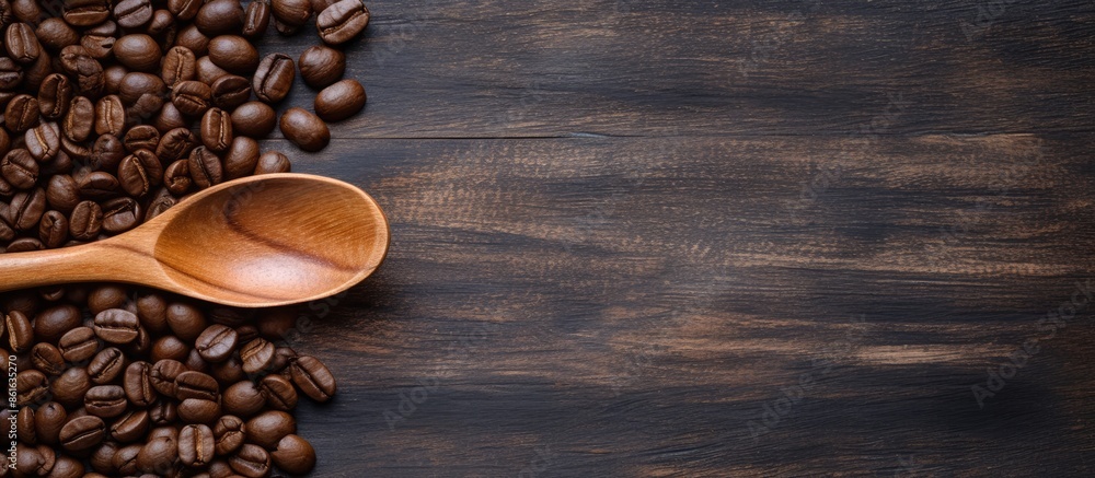 Poster wooden spoon placed next to a coffee bean with a rustic background, creating an ideal copy space ima